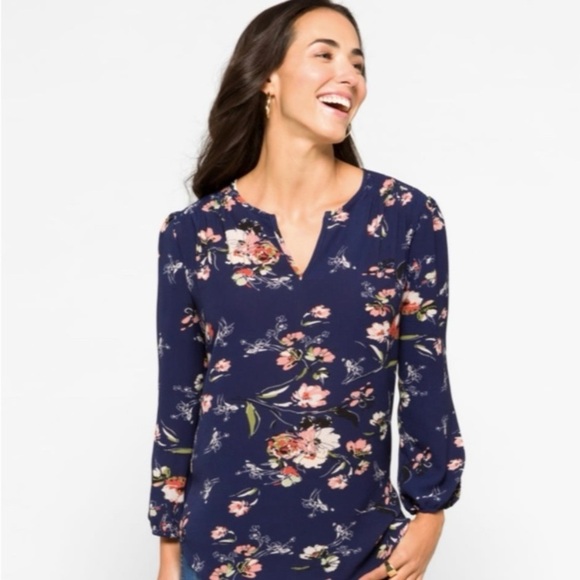 Fun2Fun Navy Floral Boho Split Neck Blouse NWOT Small - Picture 1 of 9